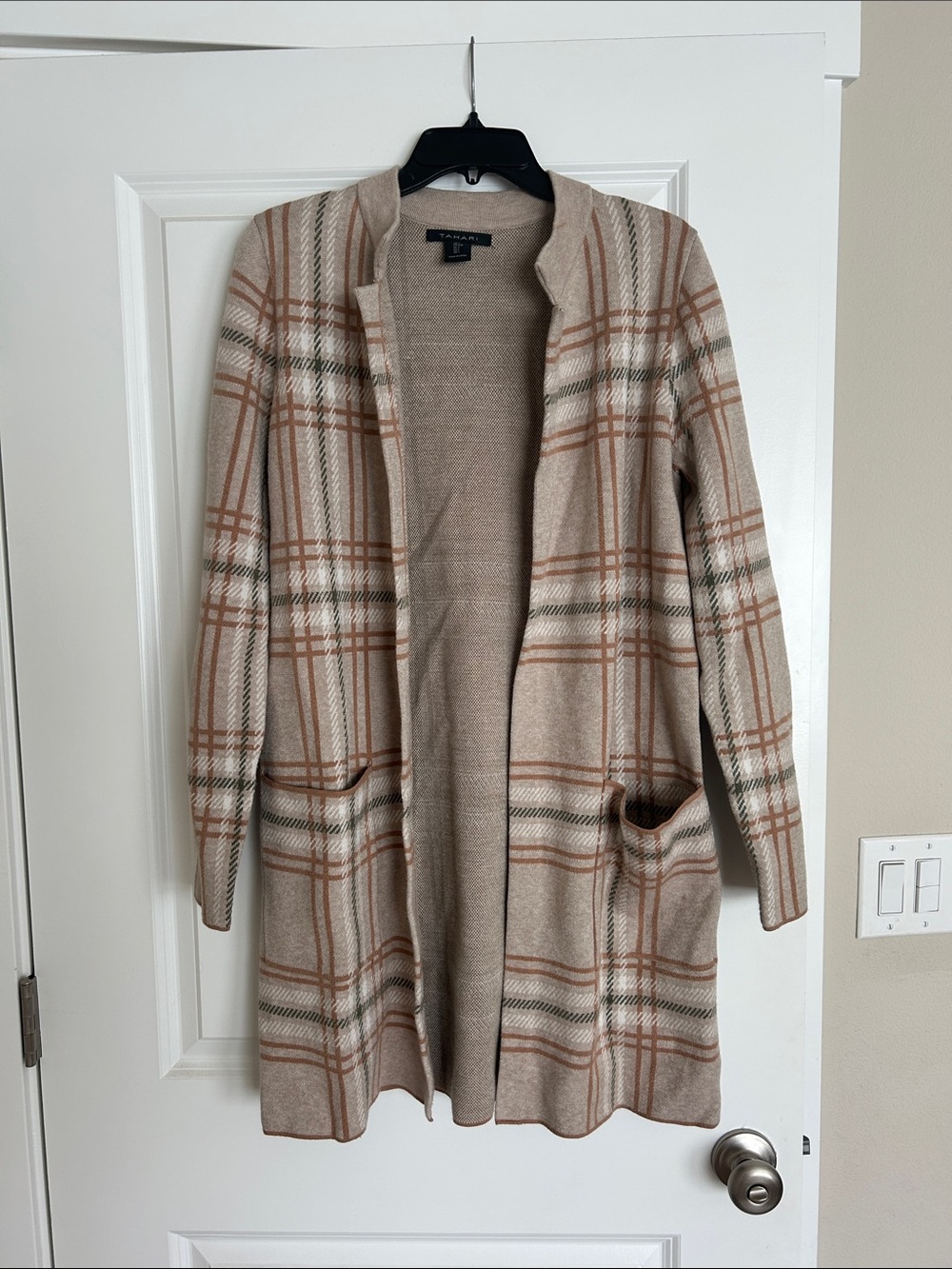 Tahari Beige and Tan Plaid Open-Front Cardigan